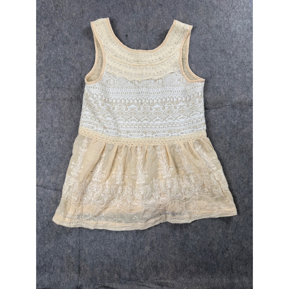 One September Tank Top Womens Small Beige Lace Embroidered Boho Peplum Tank